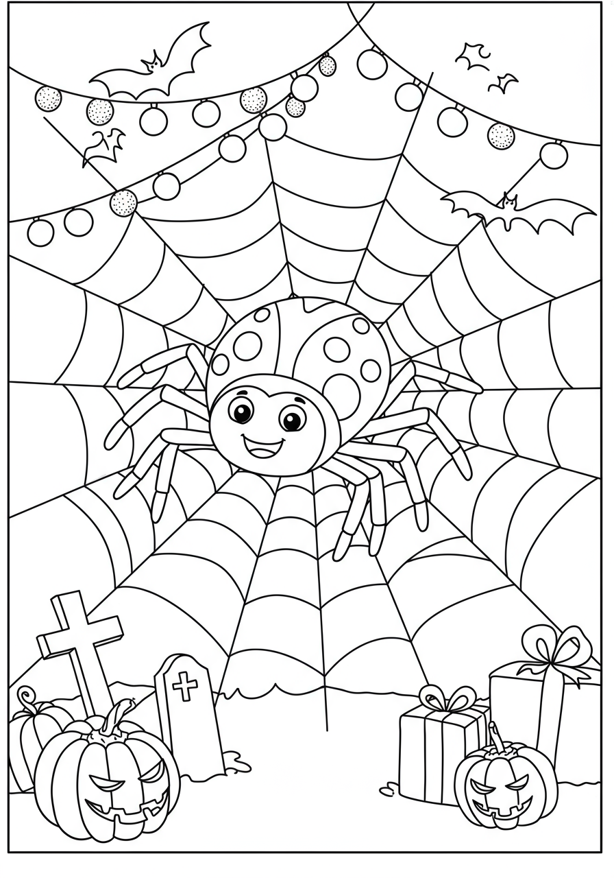 A free printable spider and cobweb coloring page showing a friendly cartoon spider on an intricate web, suitable for Halloween.