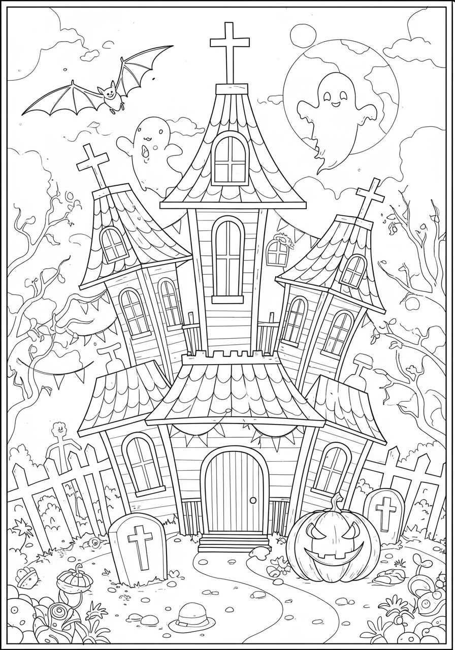 A free printable coloring page featuring an easy-to-color spooky haunted house with crooked roofs, mysterious windows, friendly bats, a smiling ghost, and a grinning pumpkin for Halloween fun.