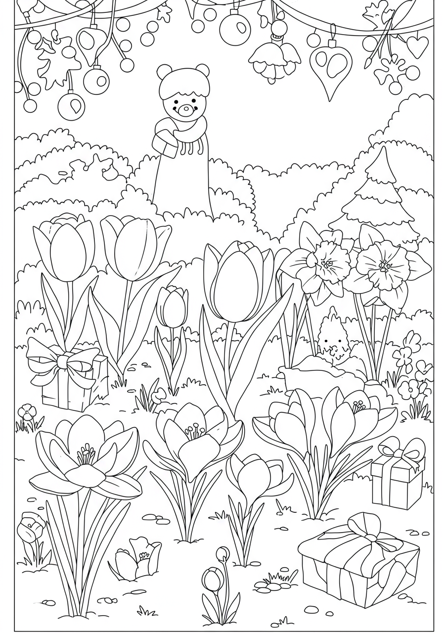 A free printable coloring page showing various spring flowers like tulips, daffodils, and crocuses blooming in a garden, with simple outlines for easy coloring by kids, celebrating the season's beauty.
