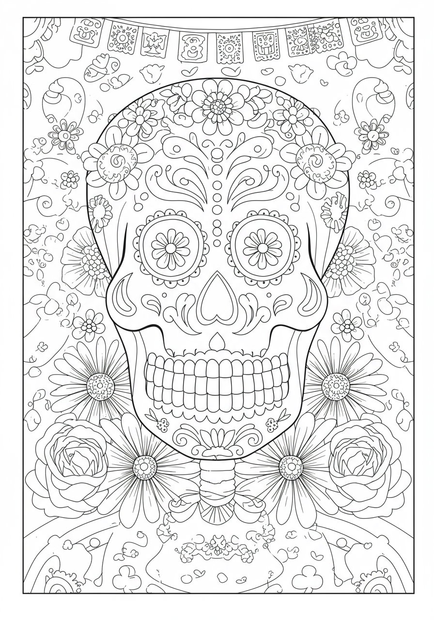 Free printable Sugar Skull decorated coloring page for kids, celebrating Día de los Muertos with intricate designs and flowers, easy to color.