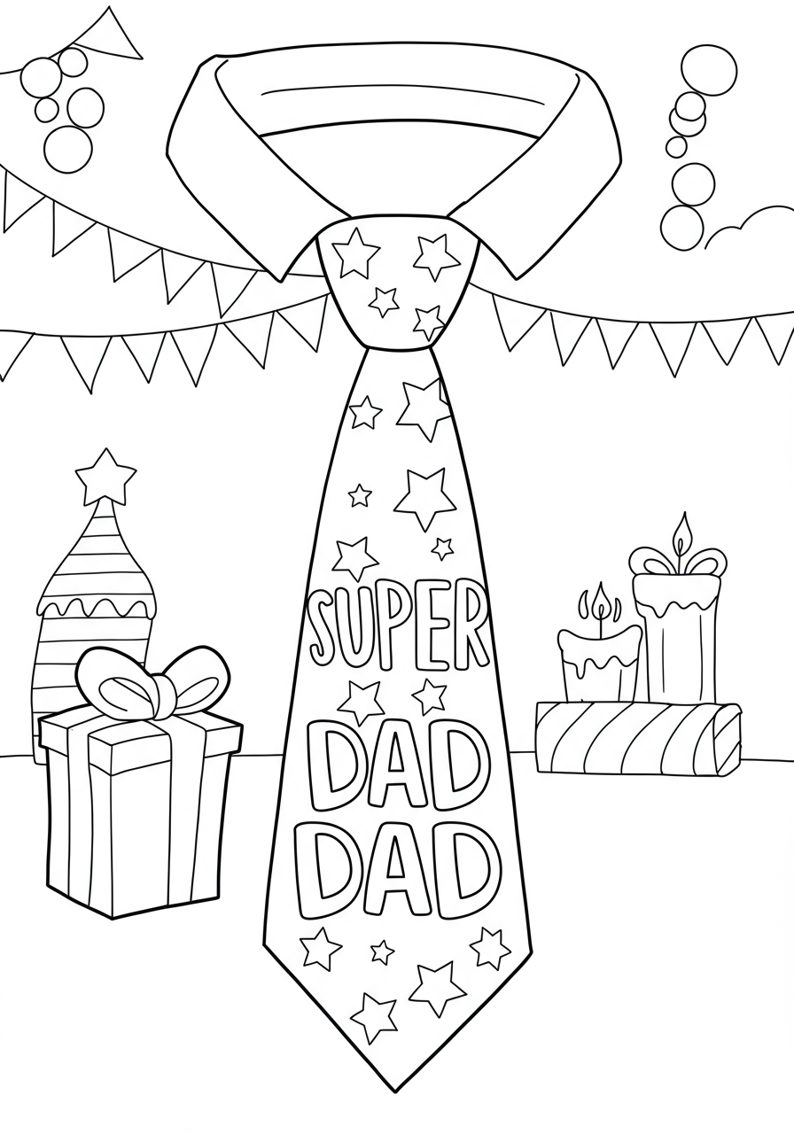 Free printable coloring page featuring a 'Super Dad' tie design with stars, perfect for Father's Day crafts and activities for kids.