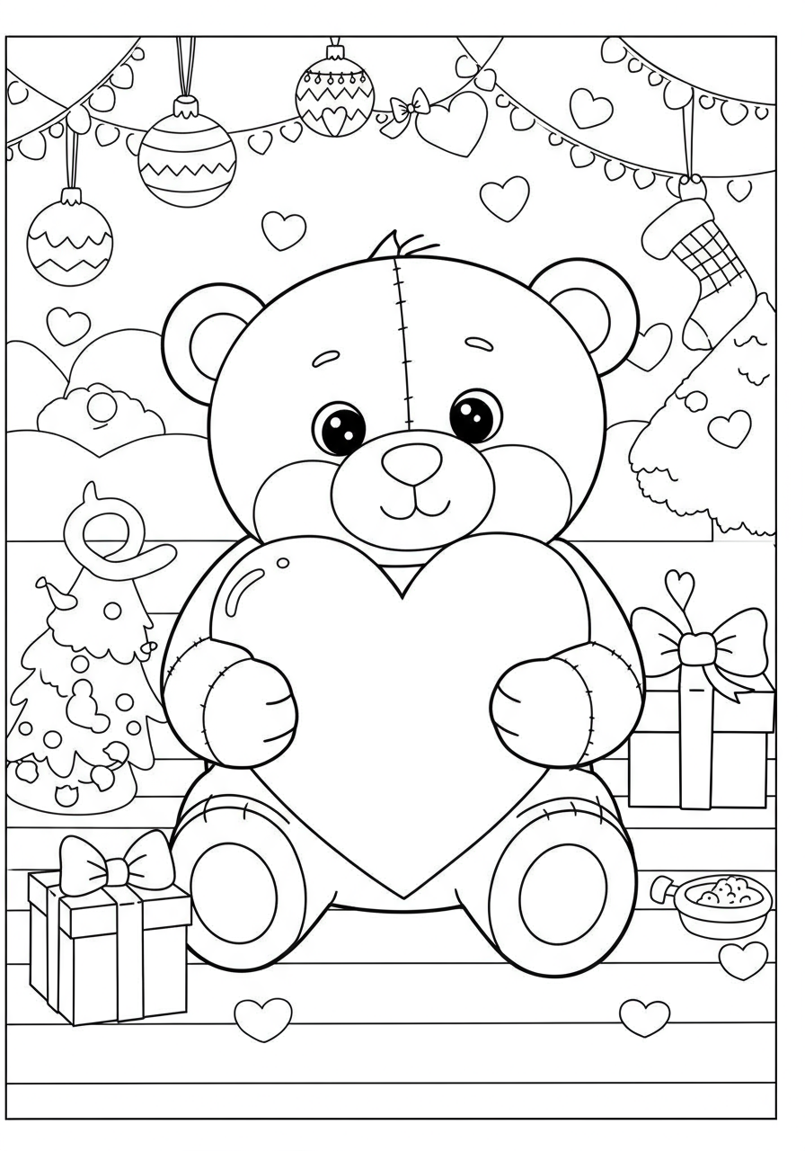 A free printable coloring page featuring a cute teddy bear holding a large heart, perfect for holiday-themed activities and expressing love.
