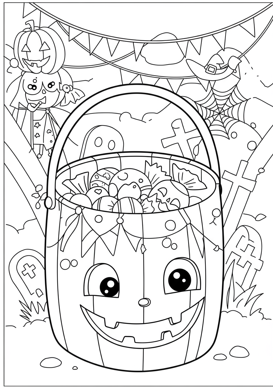 A free printable coloring page featuring a simple, empty trick-or-treat candy bucket with a handle, ready for children to fill with colorful Halloween designs.