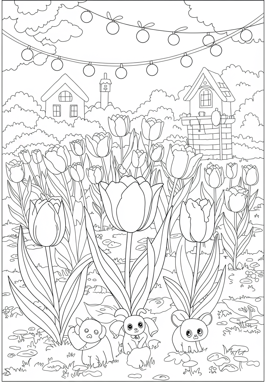 A free printable coloring page showing a colorful tulip garden with blooming flowers, leaves, and a simple background, designed for easy coloring by kids.