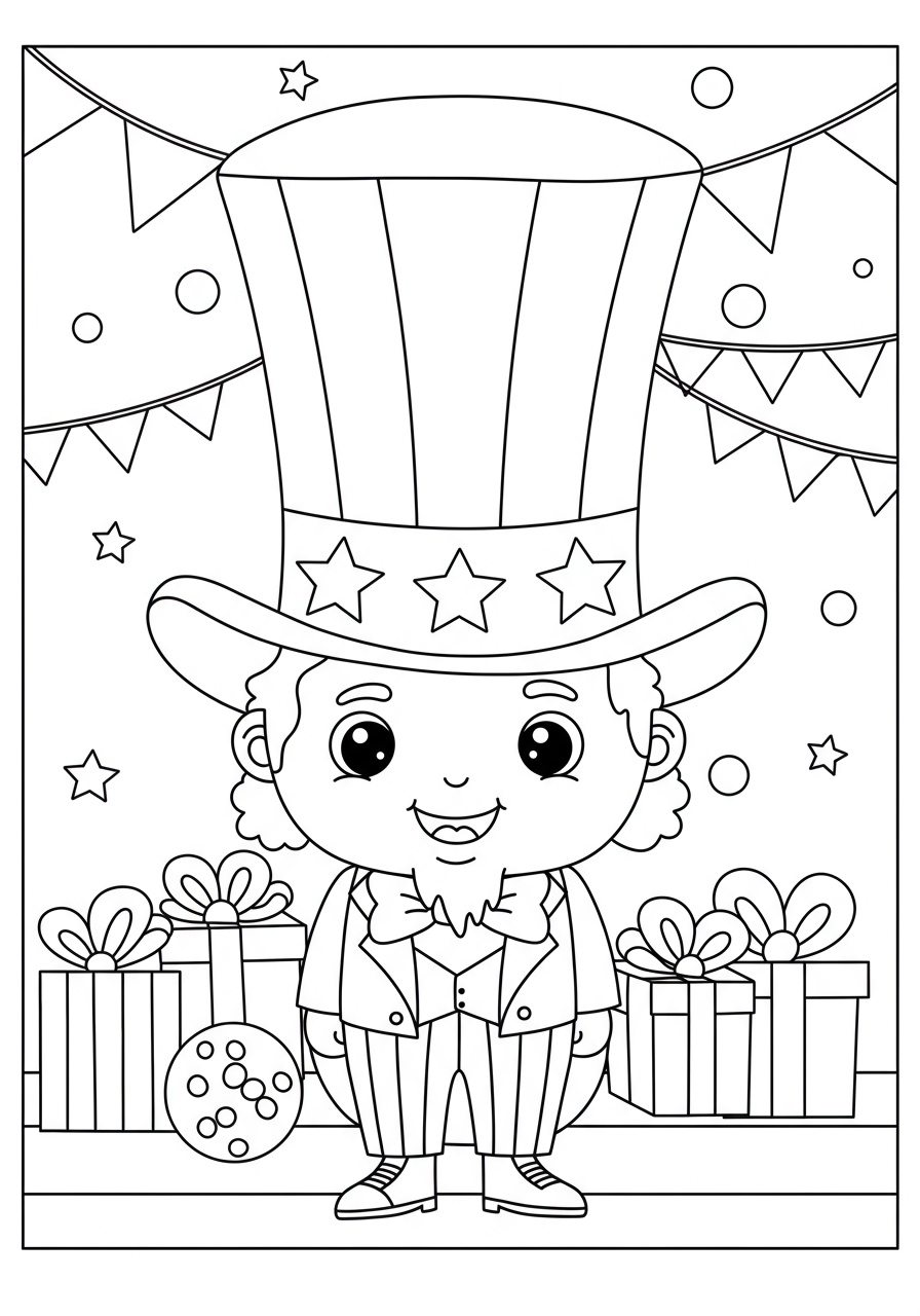 Free printable Uncle Sam hat coloring page for kids, featuring a classic tall, striped, and star-spangled top hat design.