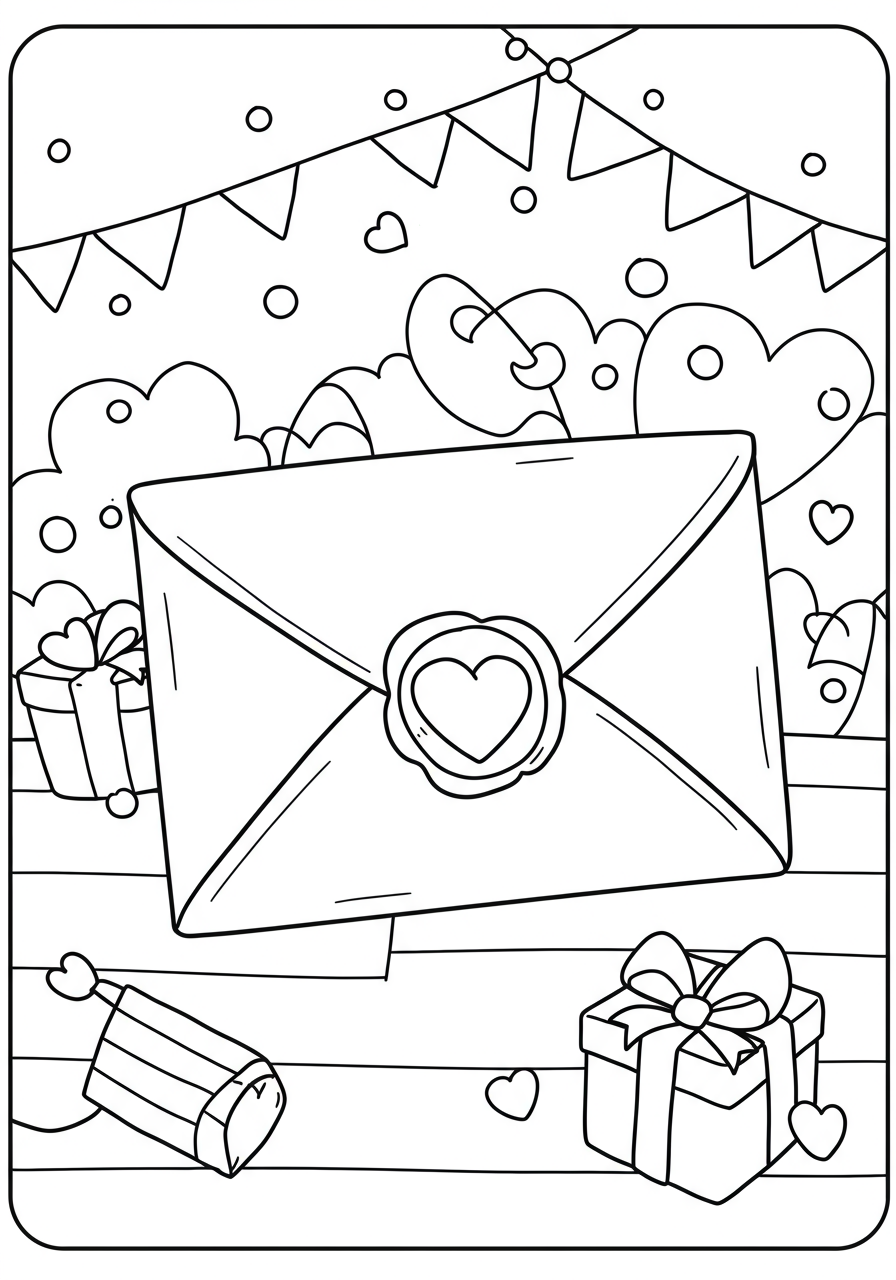 Free printable Valentine's Card Envelope coloring page for kids, showing a simple envelope with a heart seal, ready for coloring.