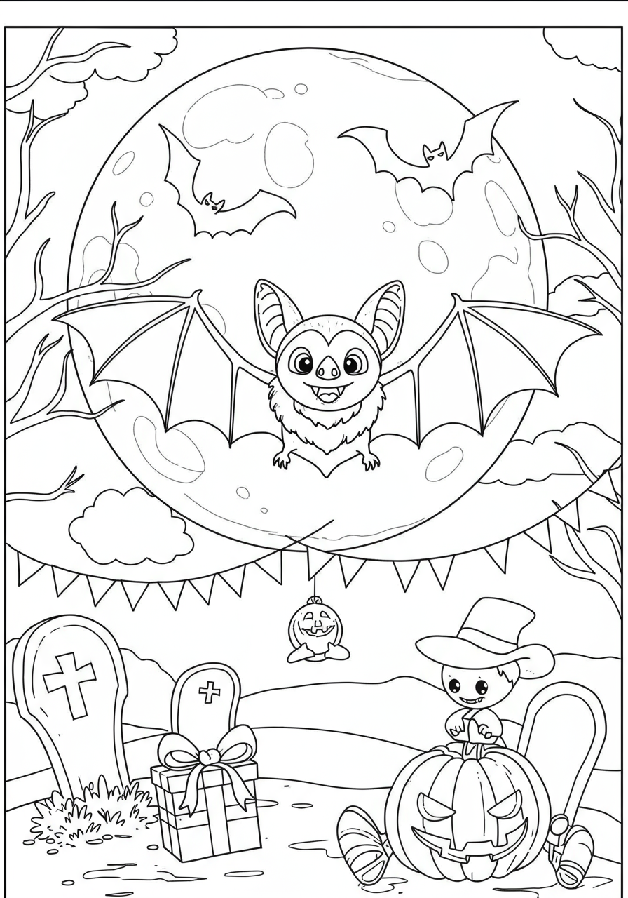Free printable spooky vampire bat coloring page for kids, flying under a moon, an easy design perfect for Halloween fun.