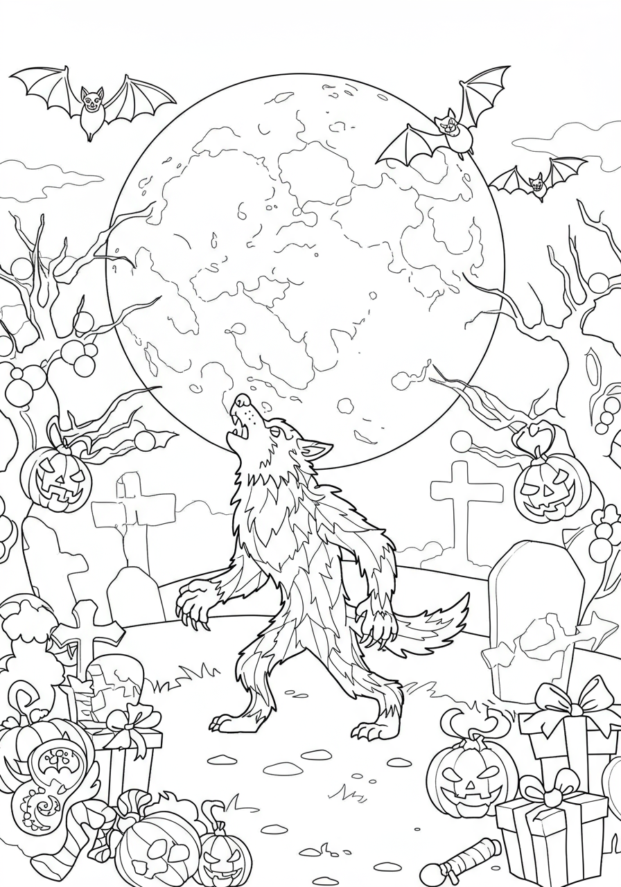 Free printable coloring page featuring a cartoon werewolf howling at a big full moon, with bats flying and spooky trees in the background, designed for easy coloring by kids.