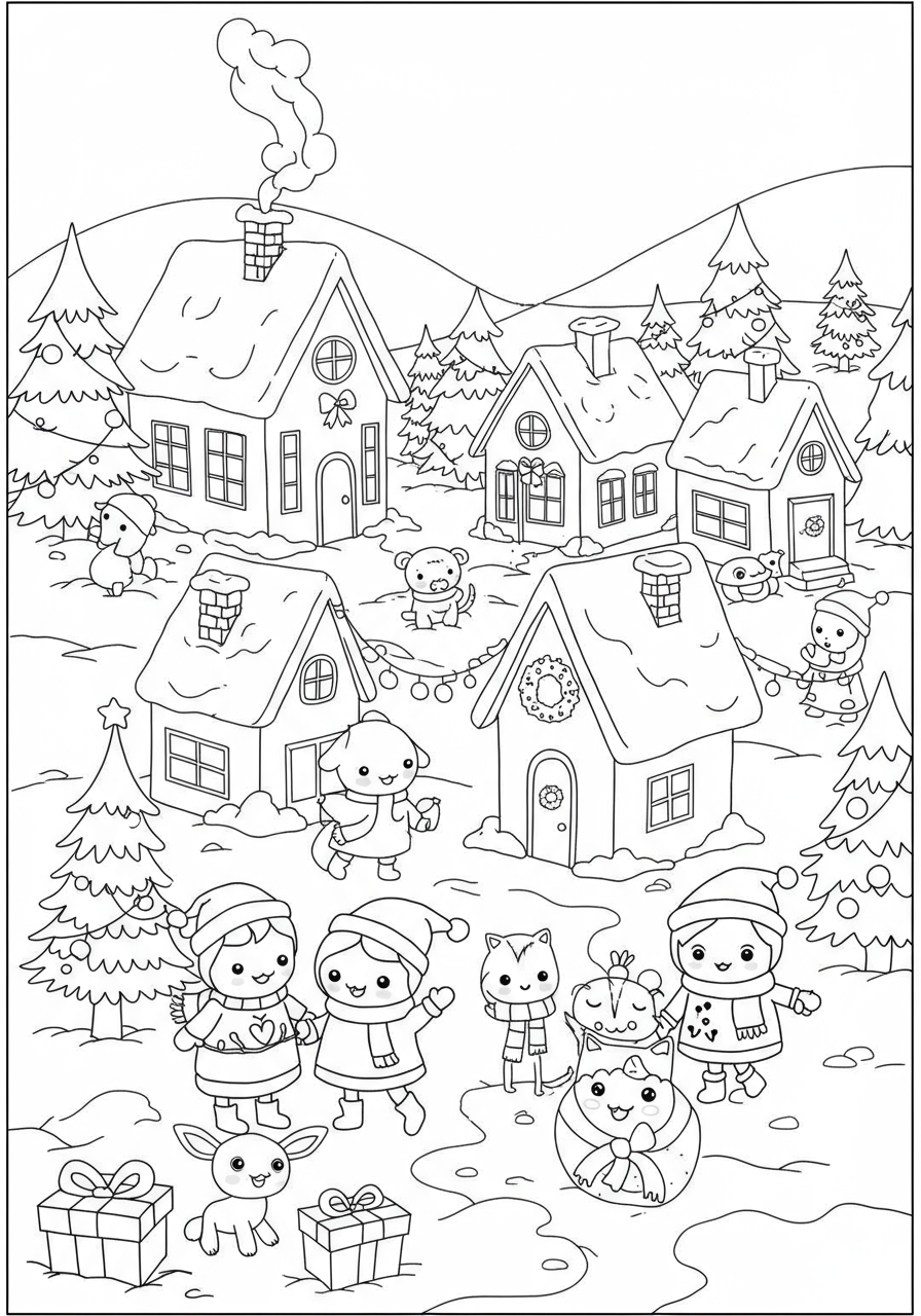 A free printable coloring page depicting a charming winter village scene with snow-covered houses, pine trees, and happy characters, perfect for kids to color during the holidays.