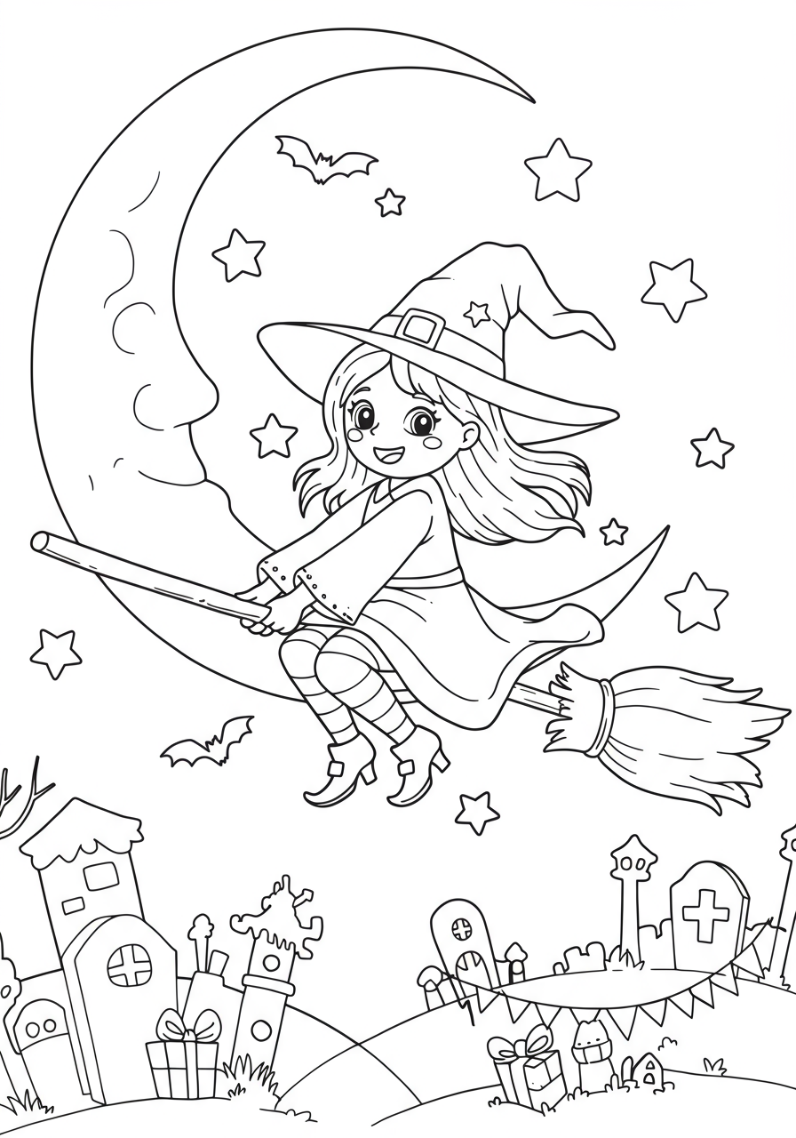 A friendly witch on a broomstick free printable coloring page for Halloween, flying under a crescent moon with stars.