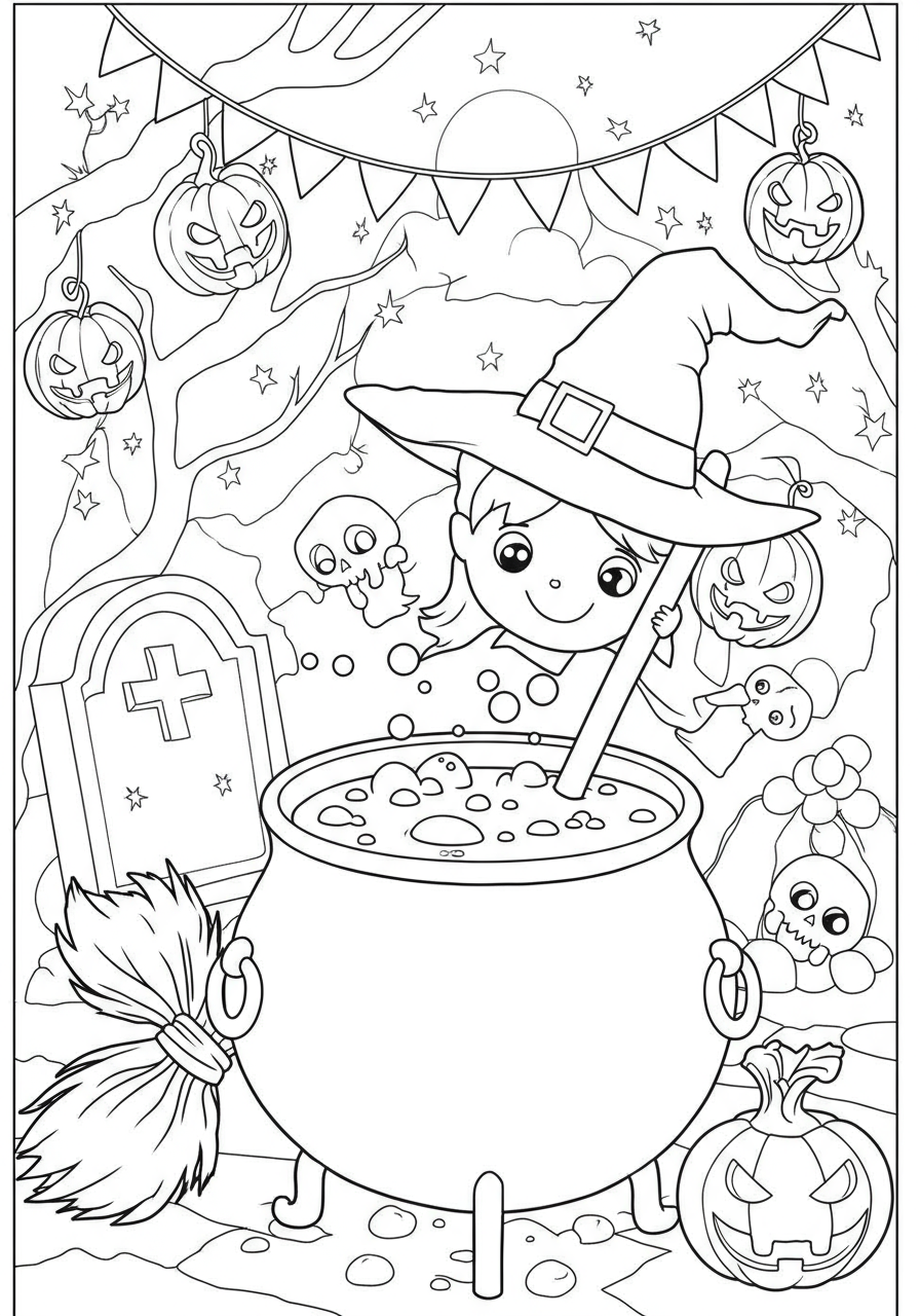 Free printable Witch's Brew Potion coloring page showing a bubbling cauldron, perfect for kids' Halloween activities.
