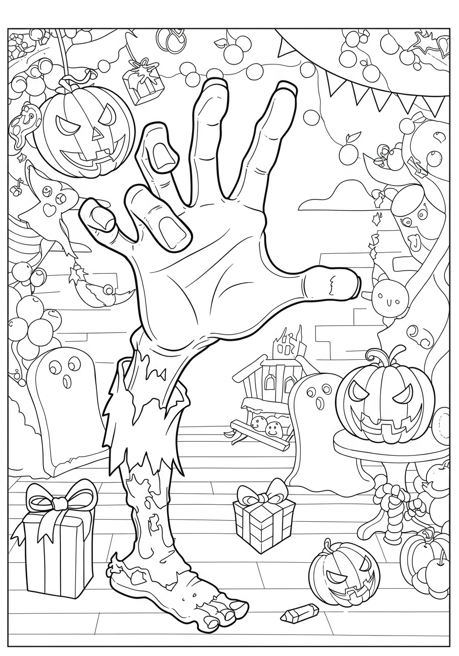 Free printable zombie hand reaching coloring page for Halloween