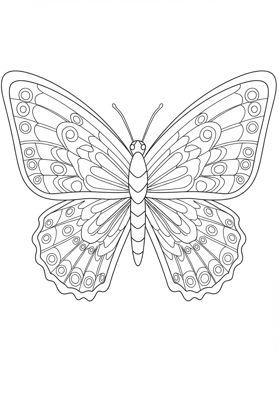 A free printable coloring page featuring abstract butterfly wings designed in a symmetrical mandala pattern with easy-to-color sections for kids.