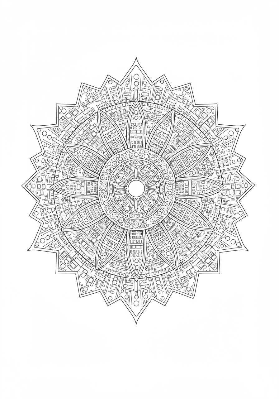 Free printable Abstract City Lights Mandala coloring page for kids, featuring easy geometric patterns resembling a city skyline at night with glowing lights.