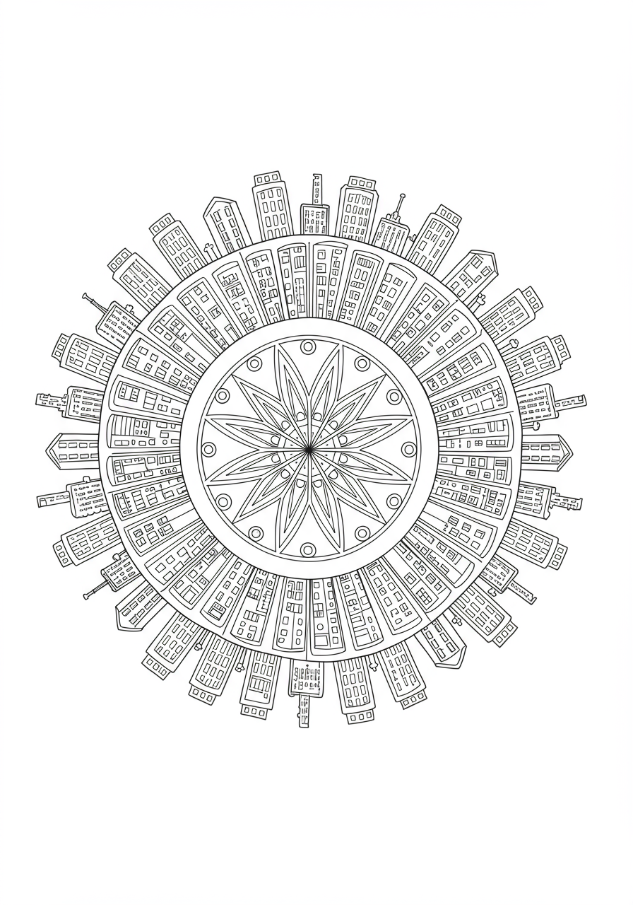 Free printable coloring page featuring an easy abstract cityscape mandala design for kids to color, showing geometric buildings in a circular pattern.