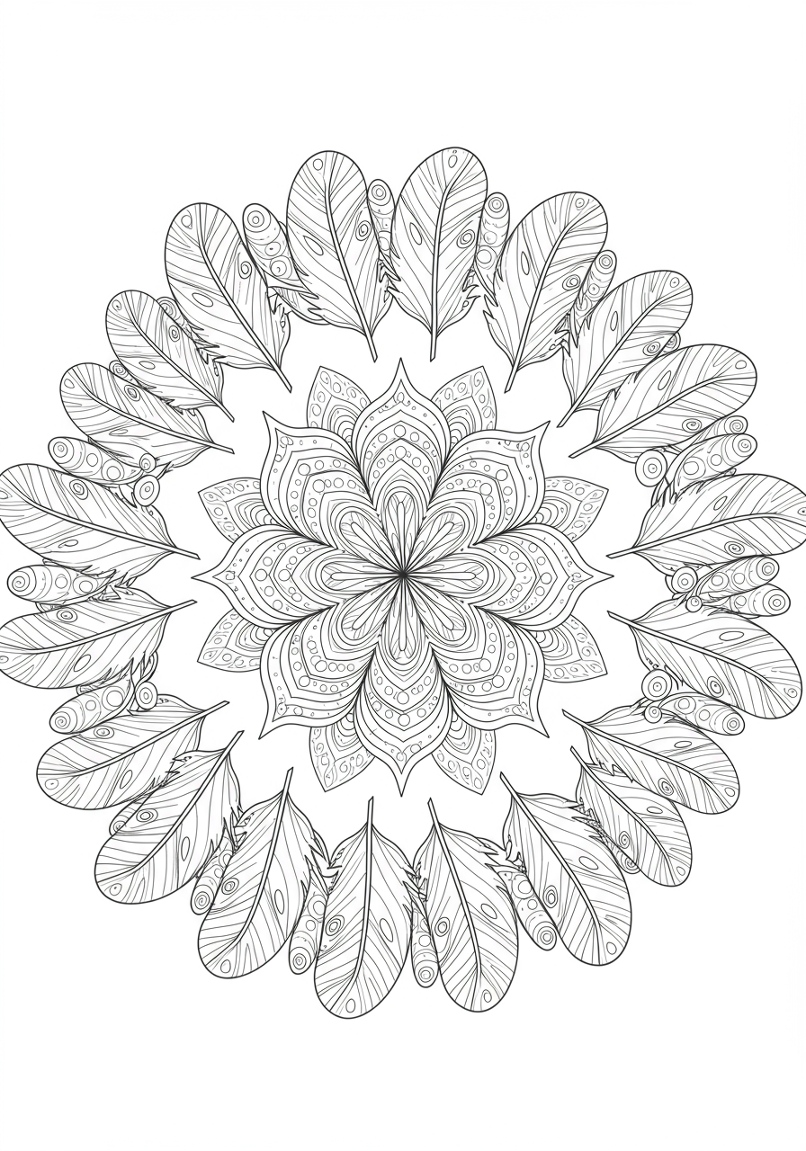 Free printable Abstract Feather Mandala coloring page for kids, featuring easy-to-color feather patterns arranged in a beautiful circular design.