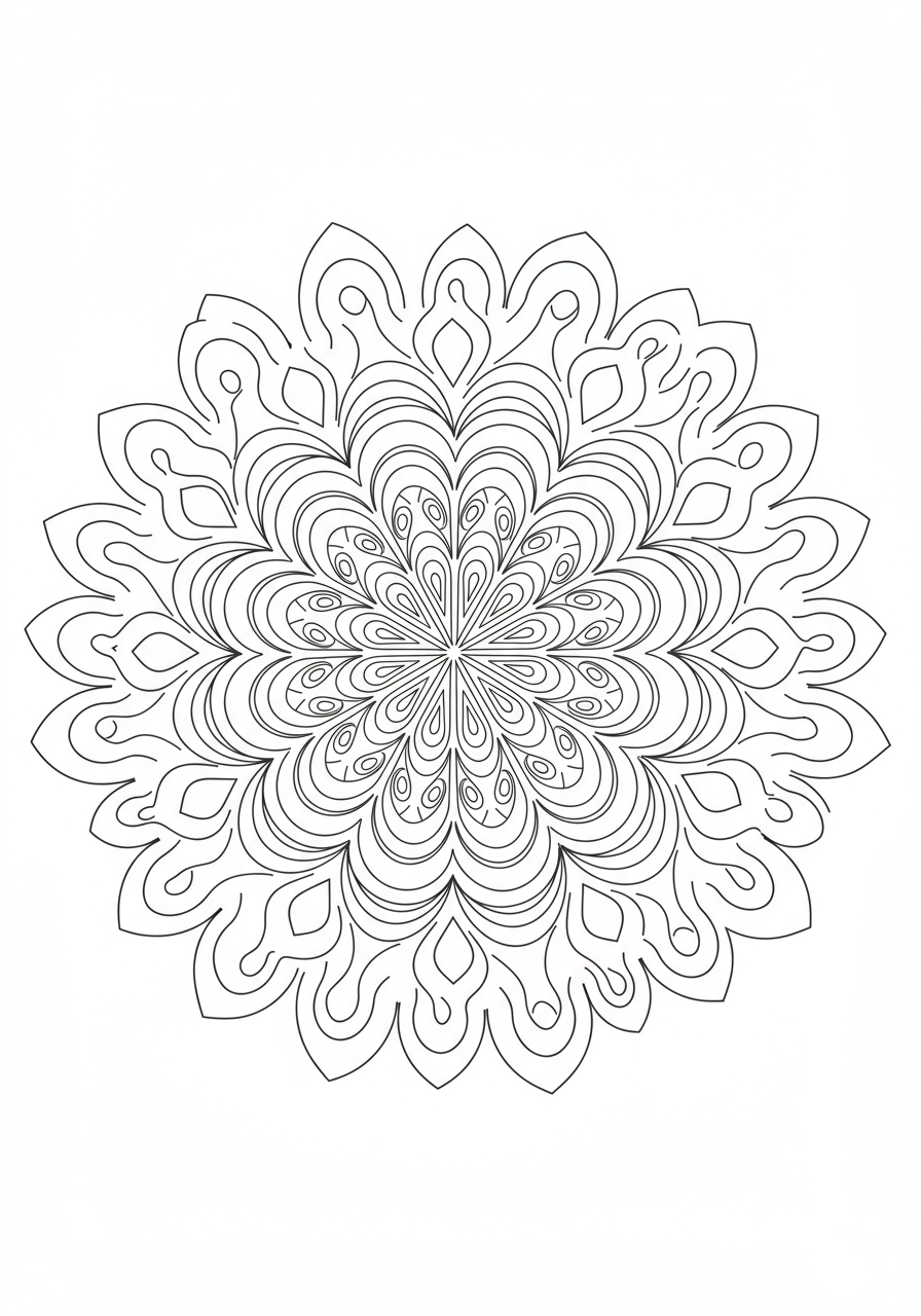 Free printable abstract flame pattern mandala coloring page for kids, featuring easy, swirling, symmetrical flame-like shapes in a circular design.