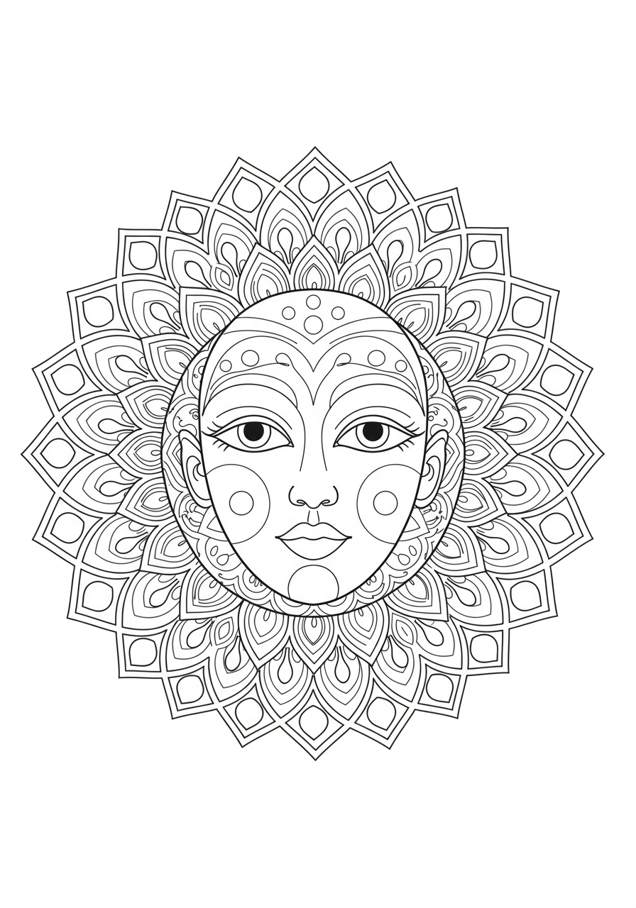 Free printable coloring page featuring an easy abstract human face design within a symmetrical mandala pattern, perfect for kids to color.