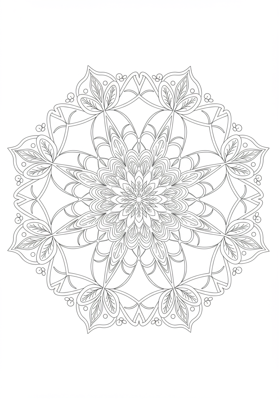 Free printable Abstract Nature Pattern Mandala coloring page for kids, featuring an easy, symmetrical circular design inspired by leaves, flowers, and natural shapes.