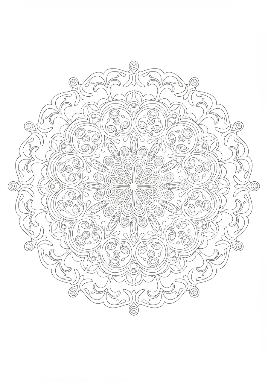 A free printable Abstract Ocean Depths Mandala coloring page, featuring easy-to-color swirling patterns reminiscent of deep-sea creatures and flowing water within a circular, symmetrical design, perfect for kids.