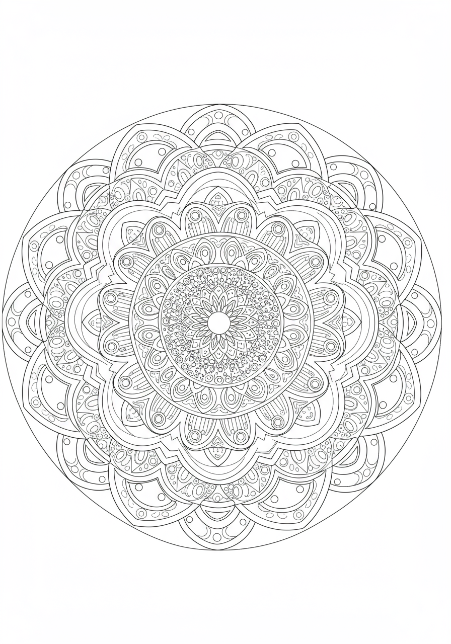 Free printable Abstract Sound Wave Mandala coloring page for kids, featuring intricate circular patterns resembling sound vibrations and energy.