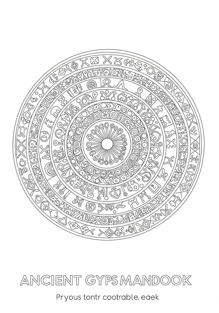 A free printable Ancient Glyphs Mandala coloring page featuring symmetrical, circular designs with various ancient-inspired symbols for kids to color.