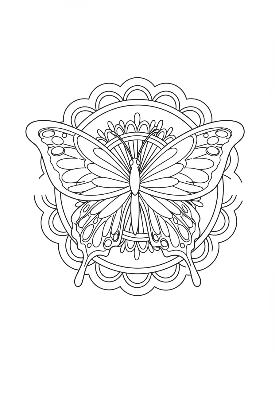 A free printable coloring page featuring a symmetrical butterfly design integrated into a circular mandala pattern, perfect for kids.
