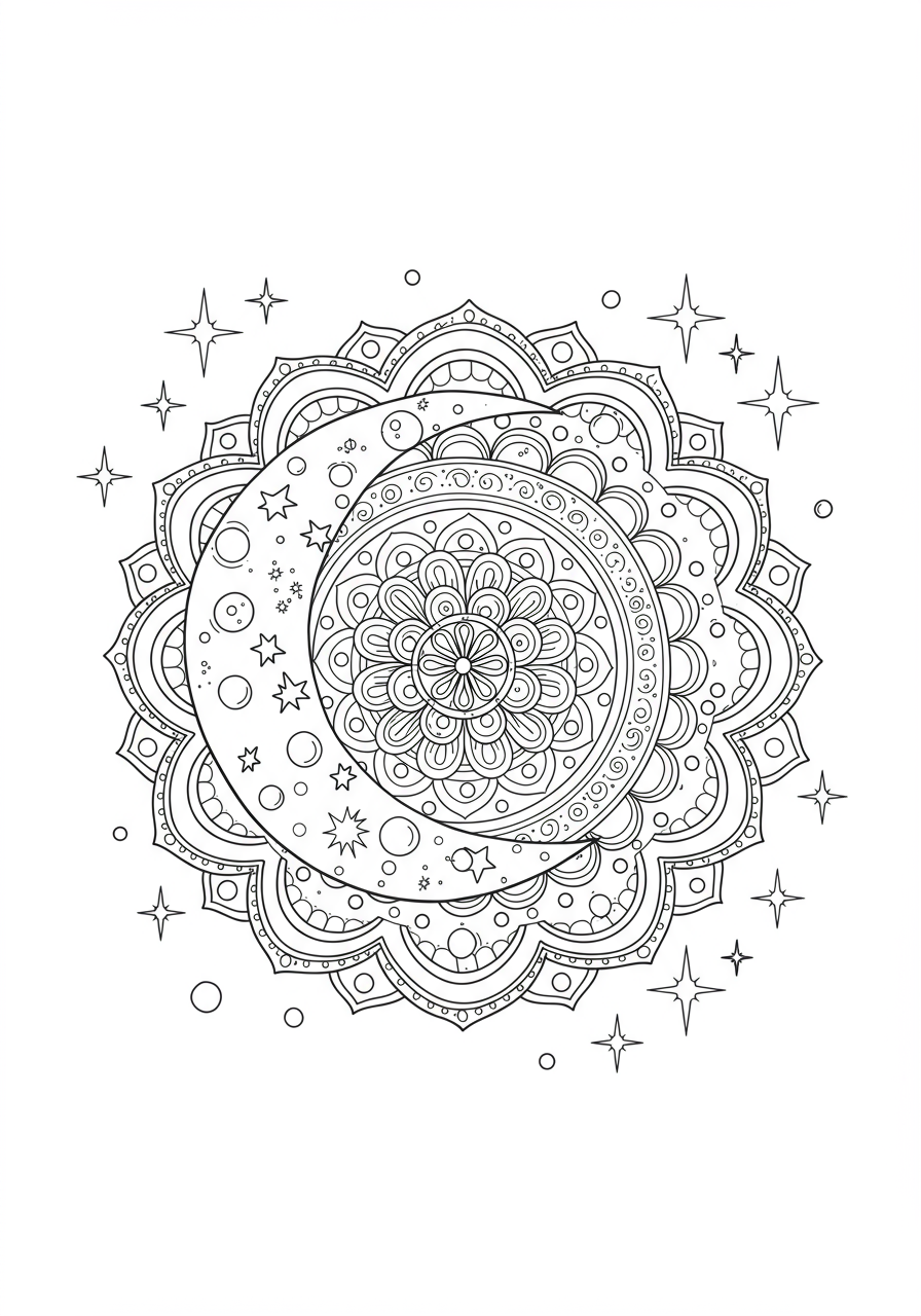 Free printable celestial moon mandala coloring page for kids, featuring a crescent moon surrounded by stars and intricate circular patterns.