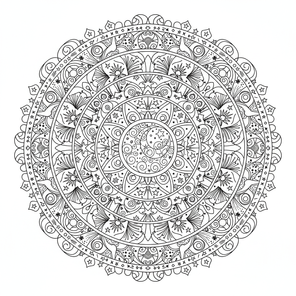 A detailed free printable Celestial Starry Night Mandala coloring page for adults, featuring intricate cosmic patterns, stars, and moon motifs for mindful relaxation and artistic expression.