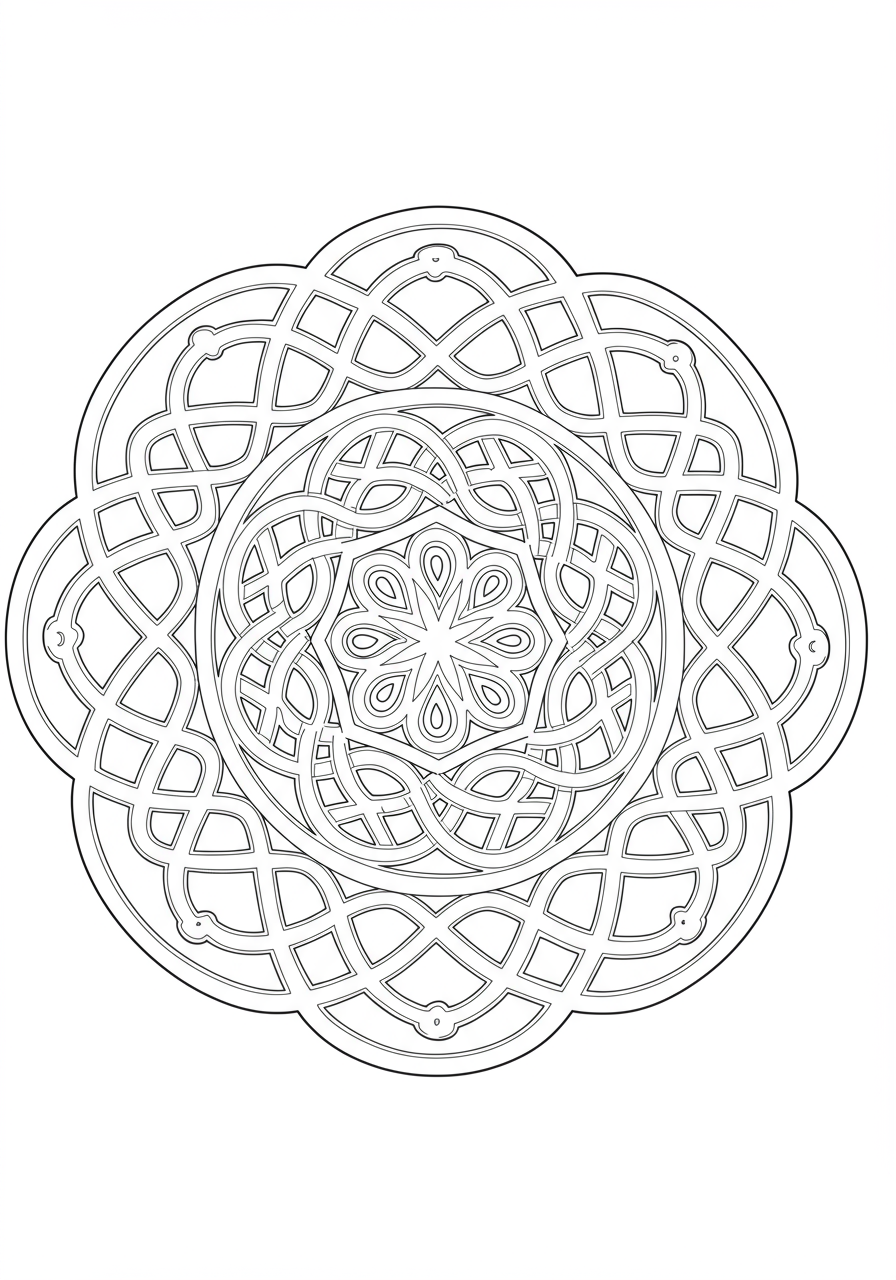 Free printable Celtic knot mandala coloring page for kids, featuring easy, interwoven circular patterns for a relaxing art activity.