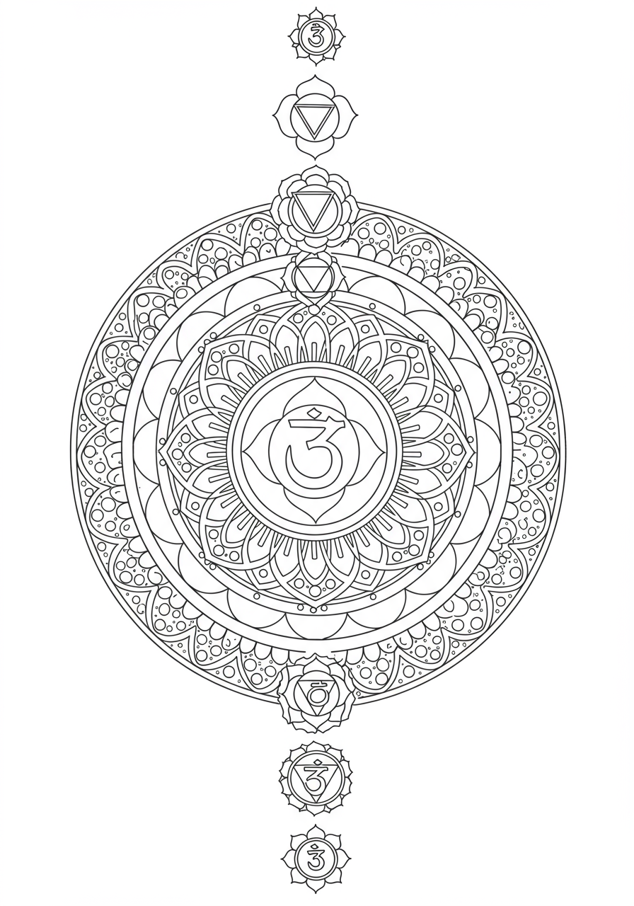 Free printable coloring page featuring easy chakra energy symbols designed as mandalas for kids to color and learn about energy centers.