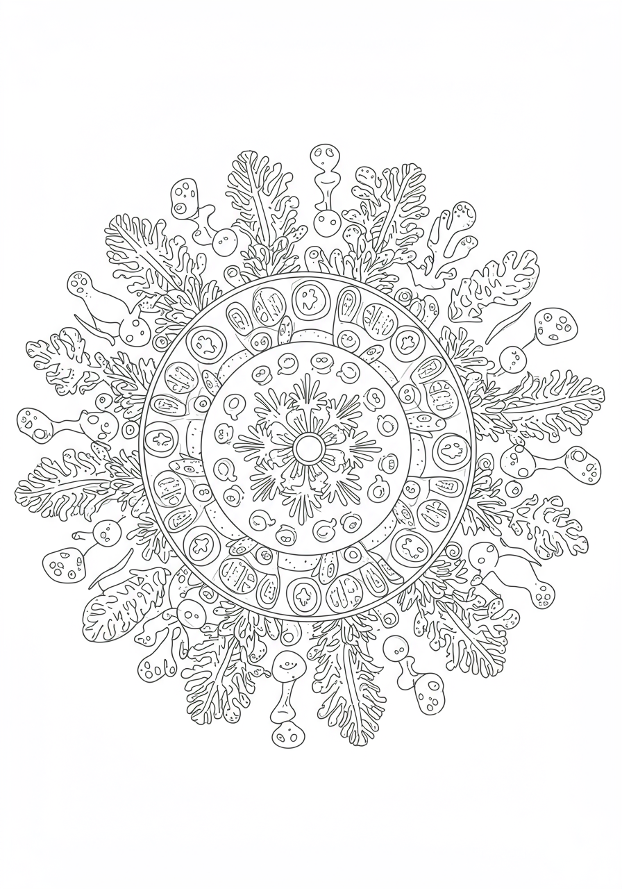 Free printable Coral Reef Mandala coloring page for kids, featuring ocean creatures and coral shapes arranged in a symmetrical pattern, easy to color.