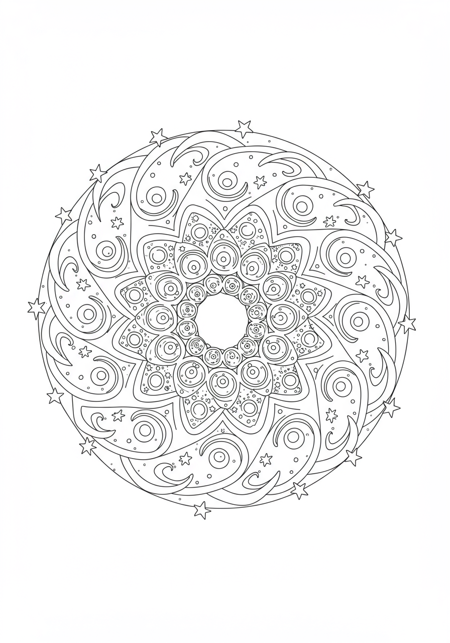 Free printable Cosmic Vortex Mandala coloring page for kids, featuring easy cosmic swirl patterns and stars, ready for vibrant colors.