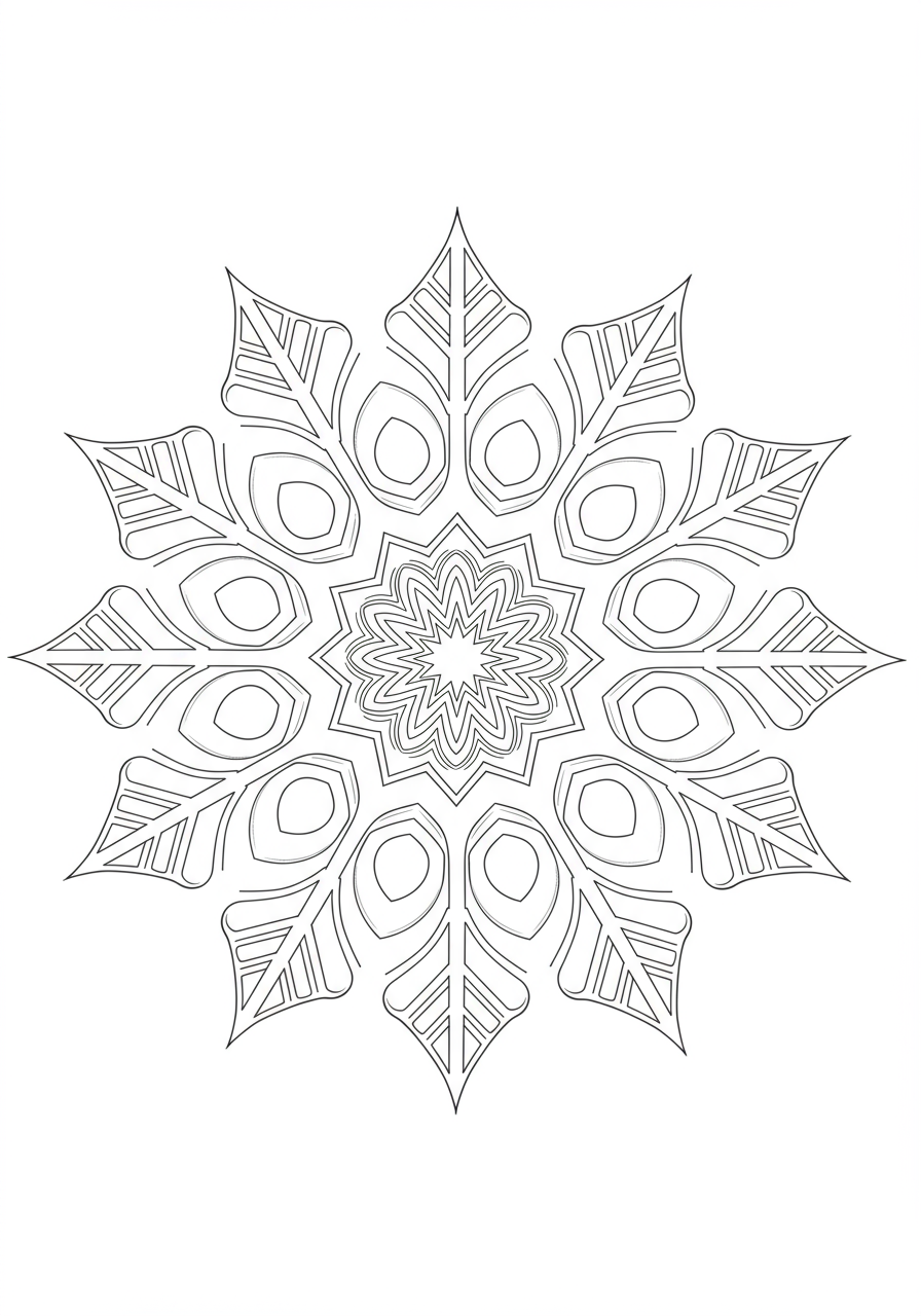 A free printable coloring page featuring an easy, delicate snowflake mandala design perfect for kids to color during winter.