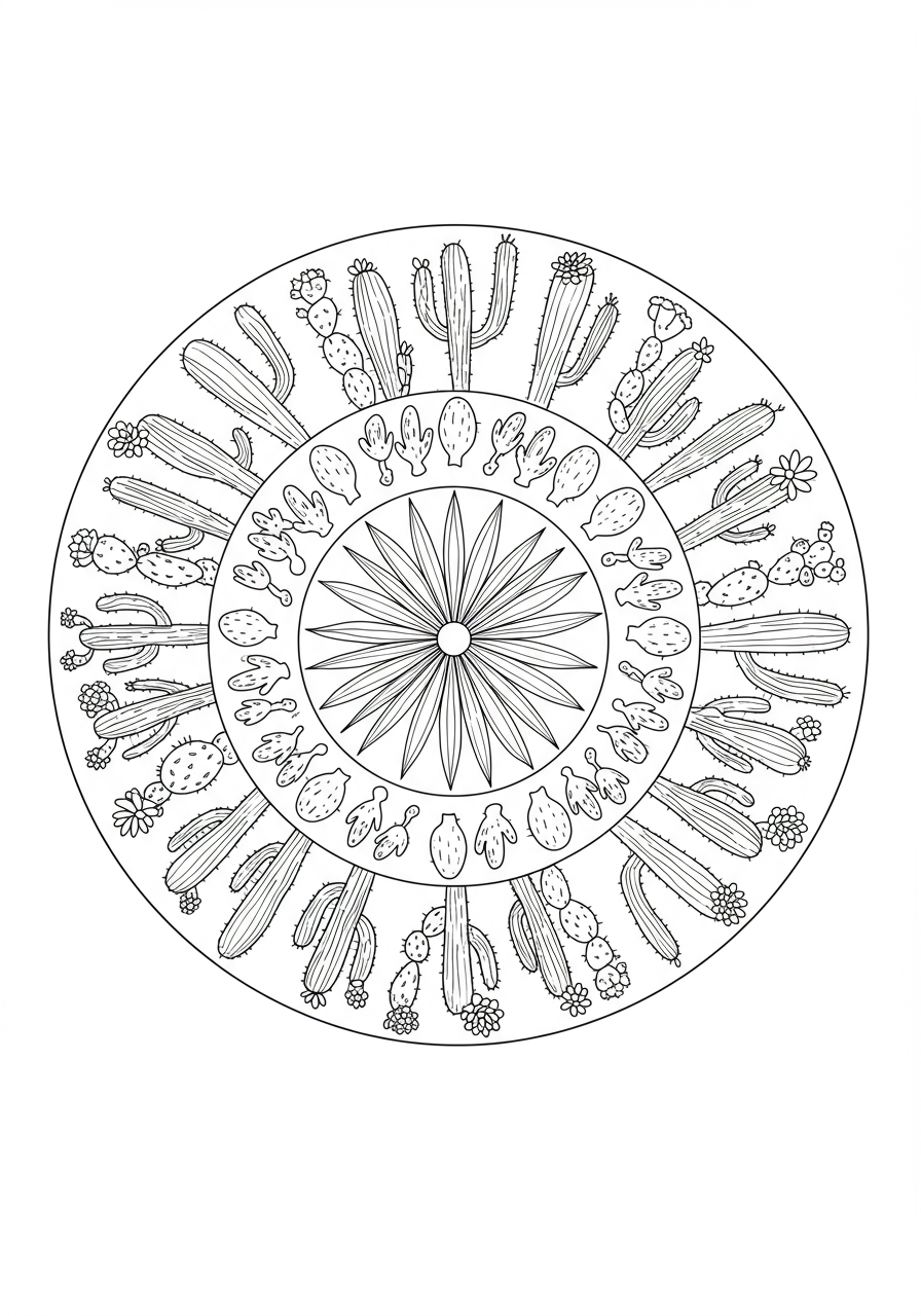 A free printable Desert Cactus Mandala coloring page showing symmetrical patterns of various cacti, including saguaros and prickly pears, suitable for kids.