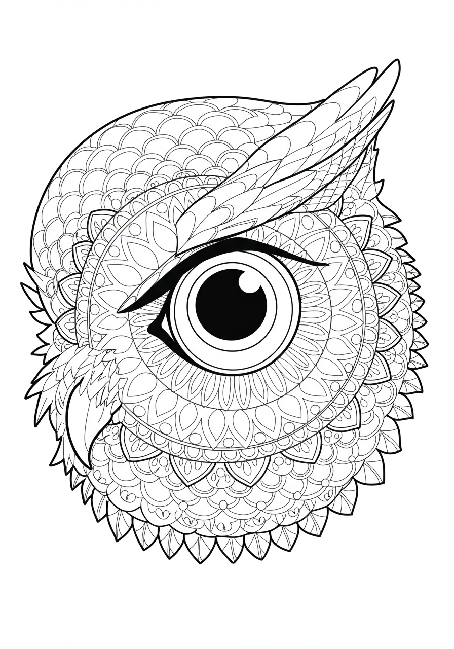 Free printable detailed owl eye mandala coloring page for kids, showing symmetrical patterns around a large, expressive owl eye.