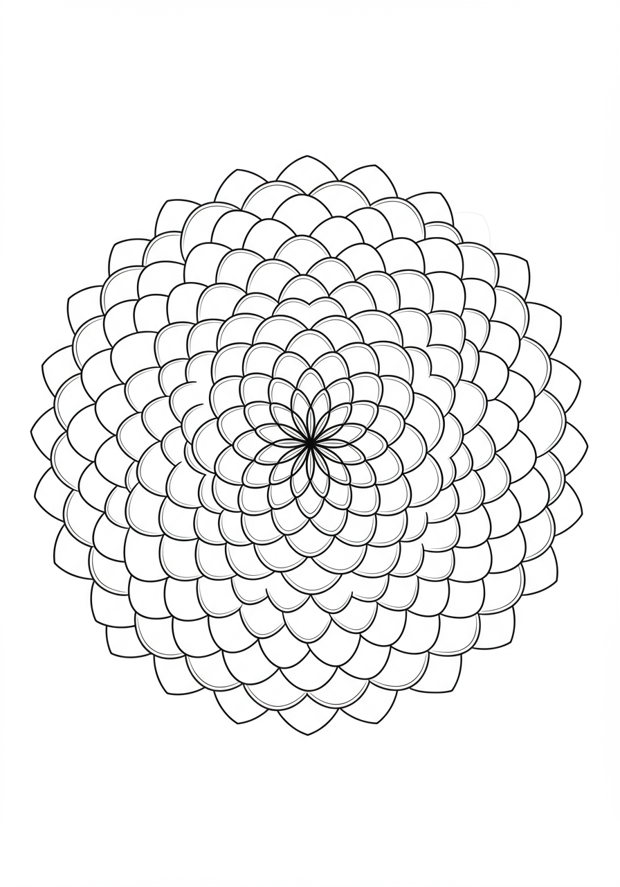 A free printable Dragon Scale Mandala coloring page featuring an easy, symmetrical pattern of overlapping dragon scales, perfect for kids.