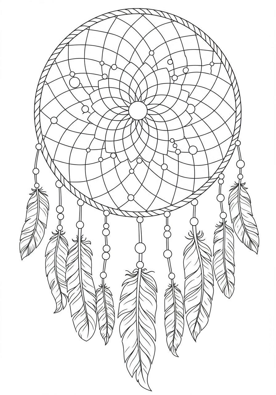 Free printable Dreamcatcher Mandala coloring page for kids, easy design with feathers, beads, and circular patterns for artistic fun.