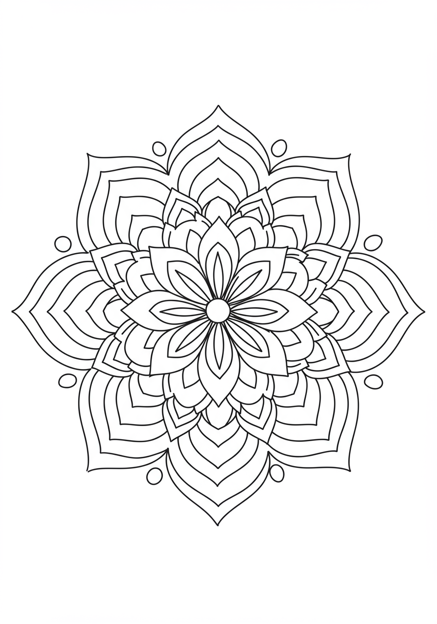 Free printable Elegant Lotus Mandala coloring page for kids, easy difficulty, featuring a simple and symmetrical lotus flower design within a circular mandala pattern.
