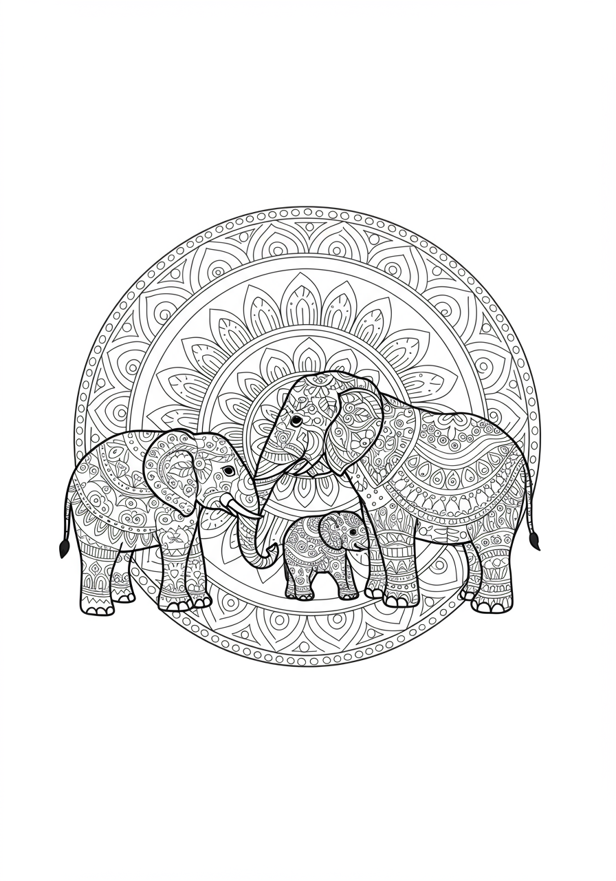 A free printable Elephant Family Mandala coloring page featuring a mother, father, and baby elephant intertwined with symmetrical patterns, suitable for kids.