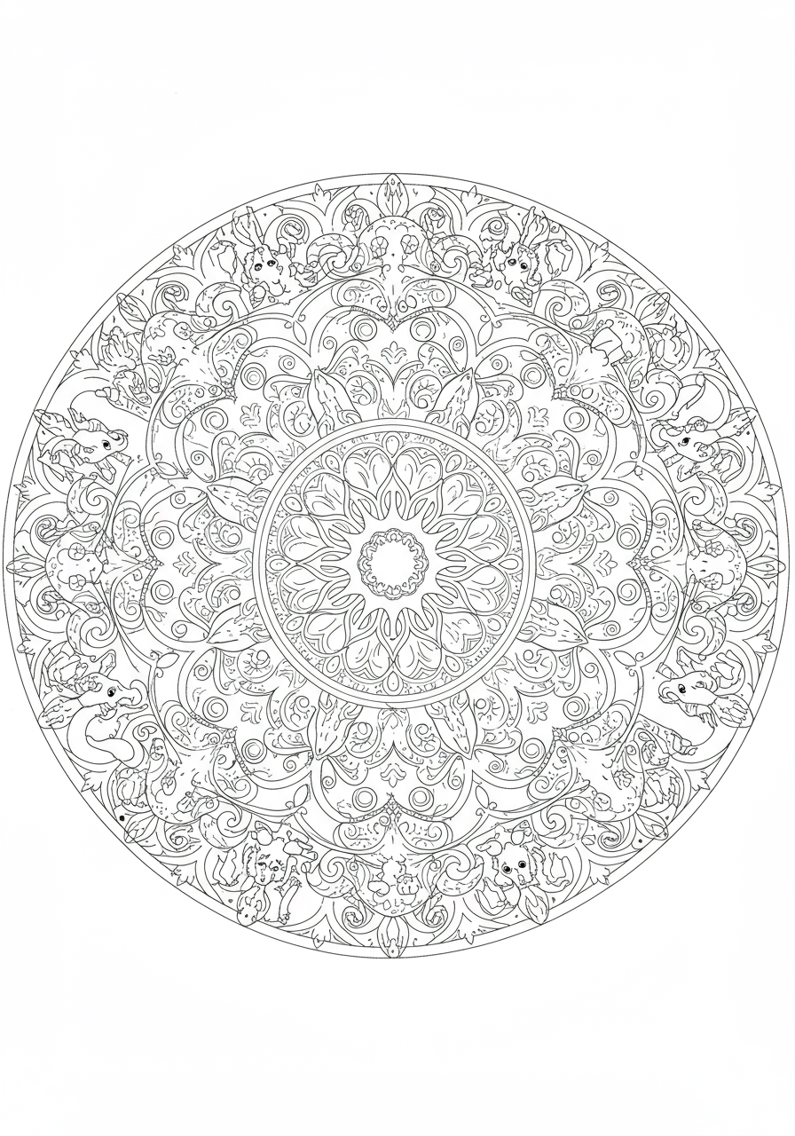 Free printable fantasy creature mandala coloring page for kids featuring symmetrical designs of dragons, unicorns, and other mythical beings, easy to color.