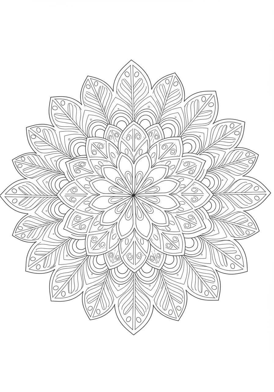 A free printable coloring page featuring an easy feather art mandala design with symmetrical, repeating feather patterns, perfect for kids to color with crayons or markers.