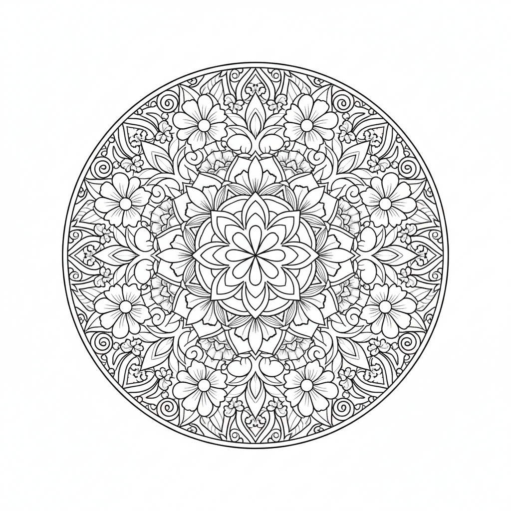 A free printable intricate floral bloom mandala coloring page for adults, featuring complex symmetrical patterns and delicate flower elements.