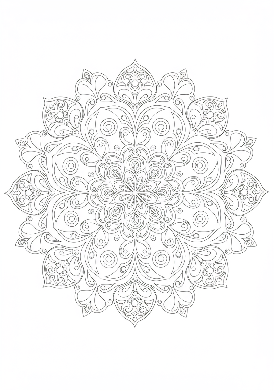 Free printable coloring page featuring an easy floral swirl mandala design with flowers and graceful swirls, perfect for kids.