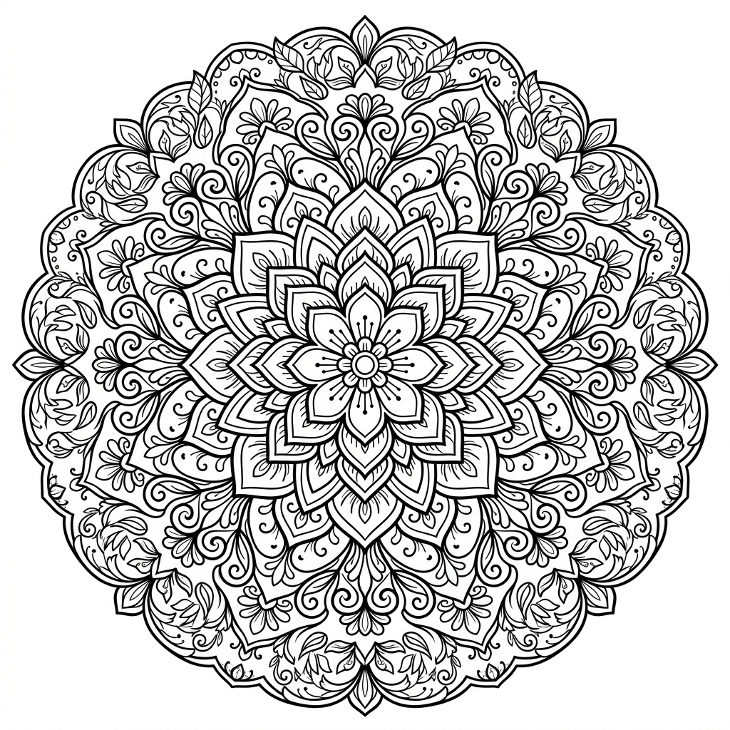 A free printable flower blossom mandala coloring page for kids, featuring an easy-to-color circular design with symmetrical petals and leaves.