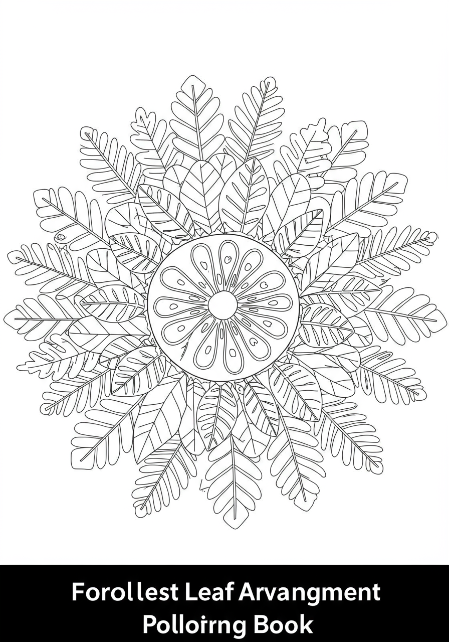 Free printable Forest Leaf Arrangement Mandala coloring page showing symmetrical patterns of various leaves, perfect for kids to color.
