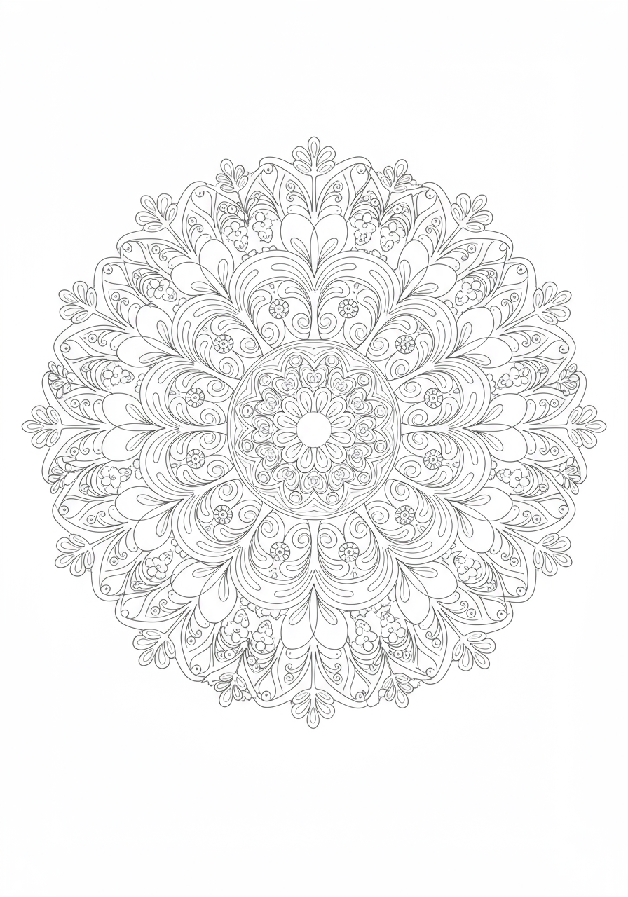 Free printable coloring page featuring an easy forest spirit mandala design with leaves, flowers, and gentle swirls, perfect for kids.