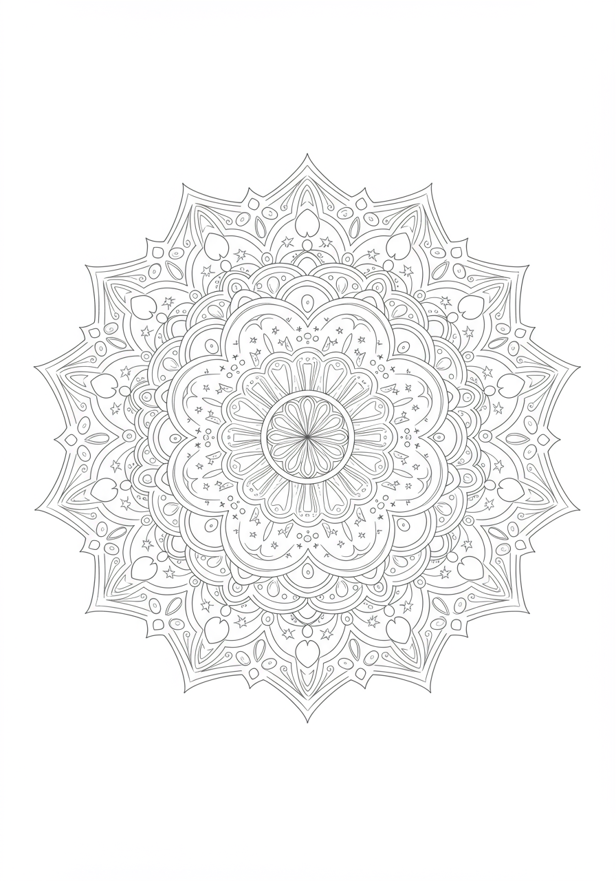 An easy, free printable coloring page featuring a symmetrical Galactic Star Dust Mandala design for kids, filled with cosmic patterns and stars.