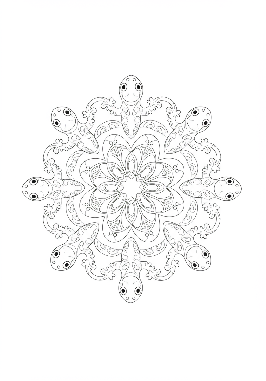 Illustration of a free printable gecko lizard pattern mandala coloring page for kids, featuring easy-to-color reptile shapes arranged in a symmetrical, circular design.