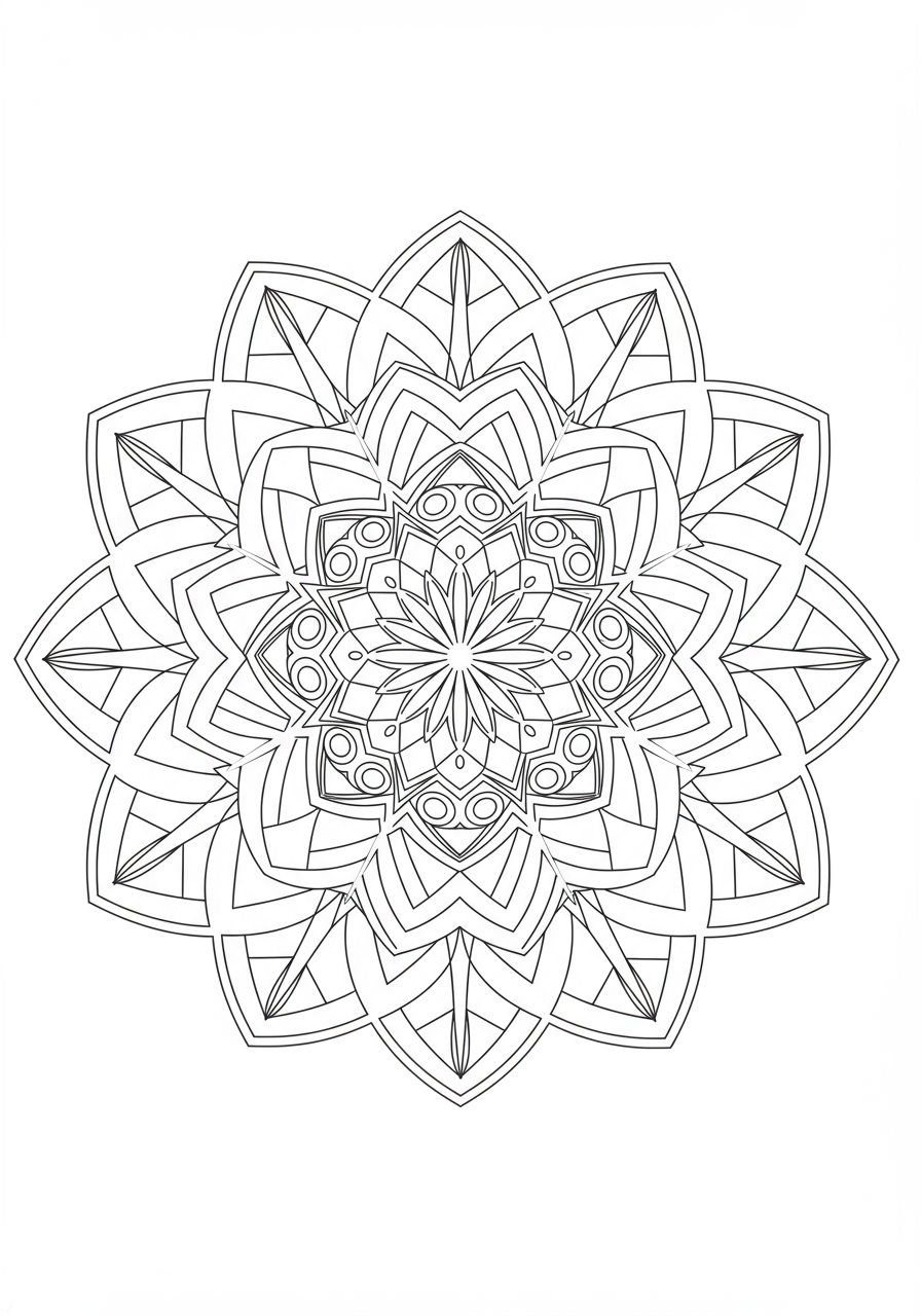 Free printable geometric abstract mandala pattern coloring page for kids, featuring simple shapes arranged in a circular, symmetrical design, ready for creative coloring.